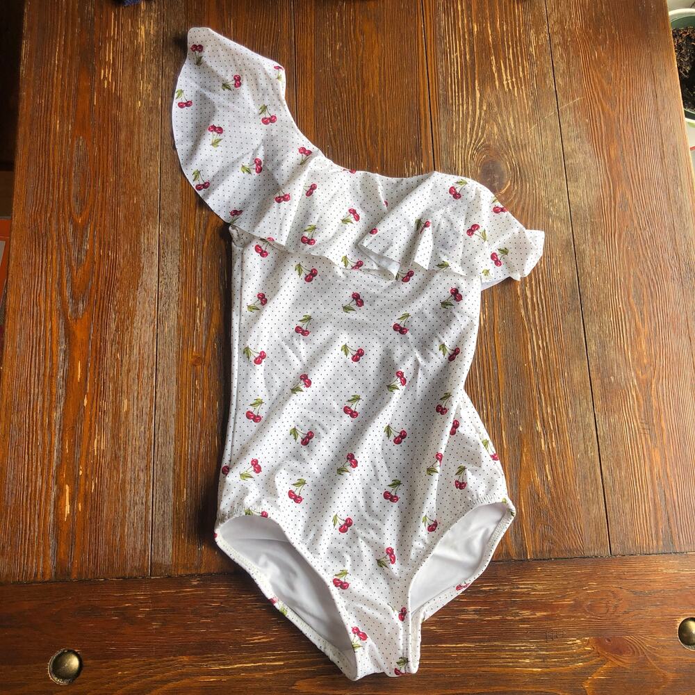 Shoshanna One-Shoulder Ruffle One Piece Sz. 0 $230 Retail White Cherry Pattern